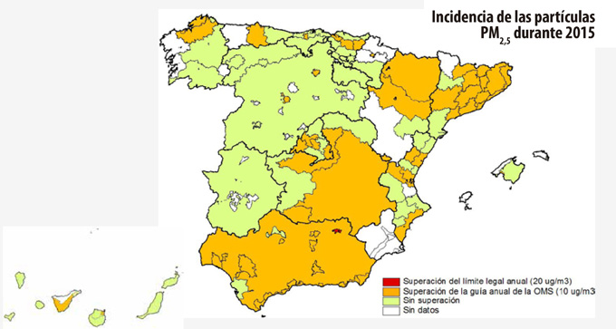 Incidencia de partículas PM 2,5 en España durante 2015