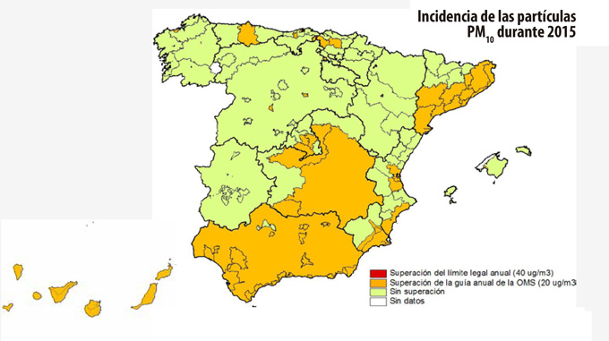 Incidencia de partículas PM 10 en España durante 2015