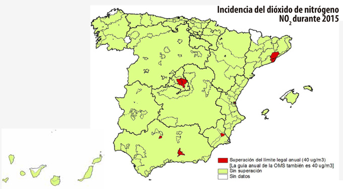 Incidencia del dióxido de nitrógeno en España durante 2015