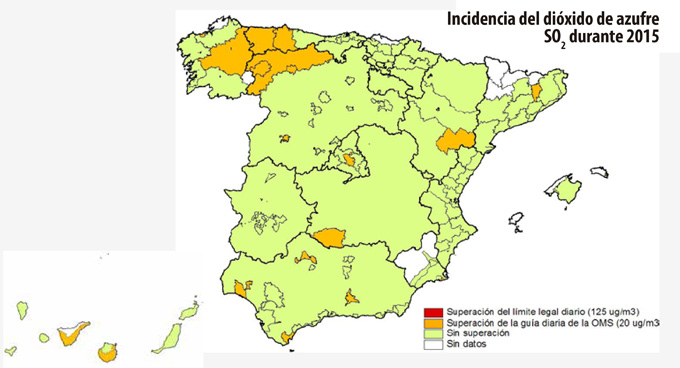 Incidencia del dióxido de azufre en España durante 2015